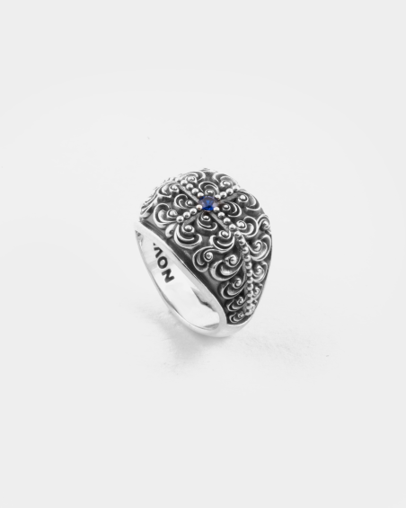BAGUE CHEVALIÈRE DÉCORÉ AMISTAD EN ARGENT AVEC PIERRE BLEU