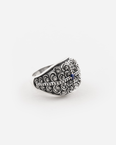 BAGUE CHEVALIÈRE DÉCORÉ AMISTAD EN ARGENT AVEC PIERRE BLEU
