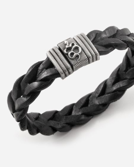 PULSERA DE CUERO TRENZADO CON SERPIENTE DE PLATA
