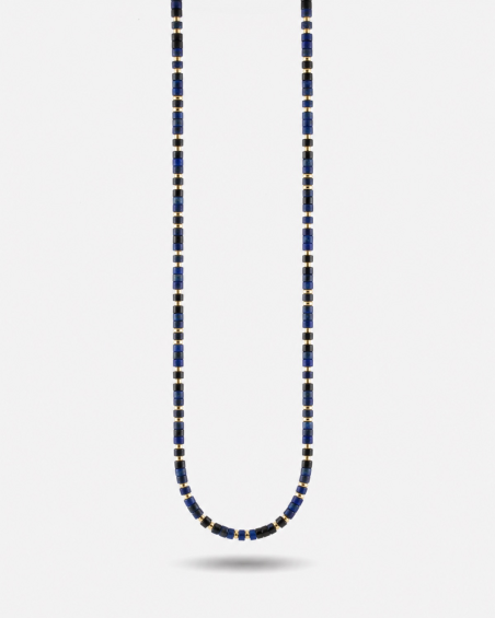 COLLAR CILINDROS MINI AZULES PLATEADO ORO